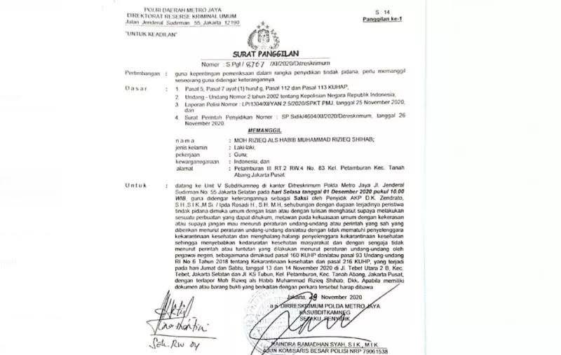Polda Metro Jaya resmi melayangkan surat pemanggilan terhadap Imam Besar Front Pembela Islam (FPI) Habib Rizieq Shihab
