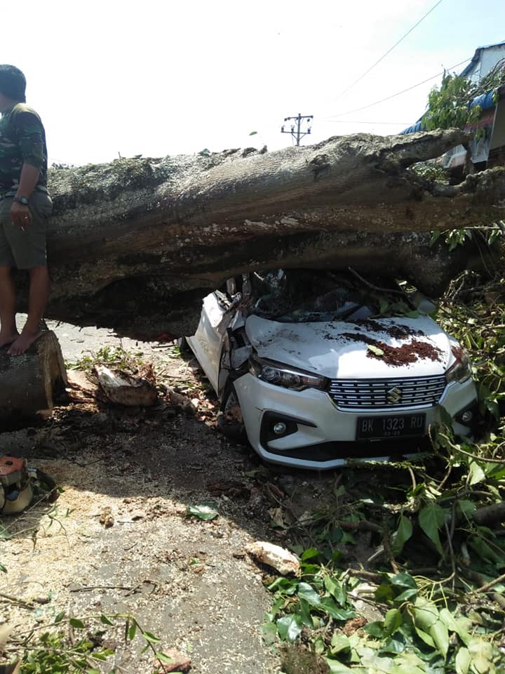 Satu unit mobil Suzuki Ertiga BK 1323-RU tertimpa pohon kayu yang tumbang sendiri di pinggir badan jalan Medan – Kotacane (Aceh Tenggara) Foto : Dok, Patwal Tanah Karo