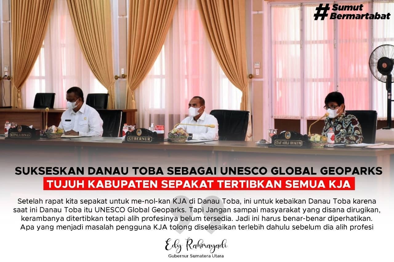 Gubernur Sumatera Utara, Edy Rahmayadi memimpin Rapat Tindak Lanjut Percepatan Penanganan Keramba Jaring Apung (KJA) di Kawasan Danau Toba di Aula Tengku Rizal Nurdin, Jalan Jenderal Sudirman Medan