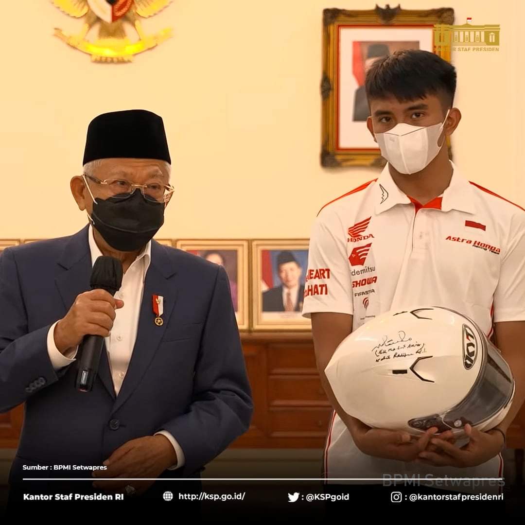 Wakil Presiden KH. Ma'ruf Amin turut merasa bangga atas prestasi pembalap muda Indonesia Mario Suryo Aji yang berhasil menembus ajang bergengsi balap motor Moto3 GP Musim 2022.