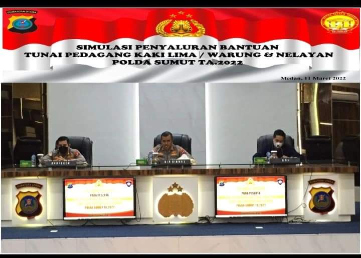 Direktorat Binmas Polda Sumut menggelar simulasi dalam rangka penyaluran dana BTPKLWN (Bantuan Tunai Pedagang Kaki Lima, Warung dan Nelayan) Polda Sumut T.A 2022 bertempat di Aula Catur Prasetya Mapolda Sumut, Jumat (11/03/2022).