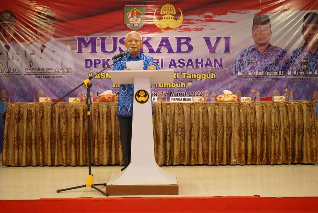 Bupati Asahan H. Surya, BSc membuka secara resmi Musyawarah Kabupaten (Muskab) DPK Korpri Asahan ke-VI di Aula Hotel Marina Kisaran, Kamis (17/03/2022).