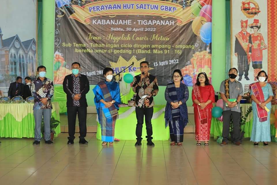 Wakil Bupati Karo Theopilus Ginting hadiri acara Ulang Tahun (HUT) Saitun ke 7 GBKP Klasis Kabanjahe -Tigapanah yang dirayakan di Jambur Gerga Kecamatan Tigapanah, Kabupaten Karo, Sabtu (30/4/2022).