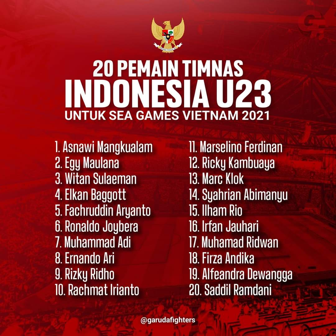 PSSI telah mengumumkan 20 pemain Tim Nasional (Timnas) Indonesia U-23 pilihan pelatih Shin Tae-yong untuk bertarung di ajang SEA Games 2021.